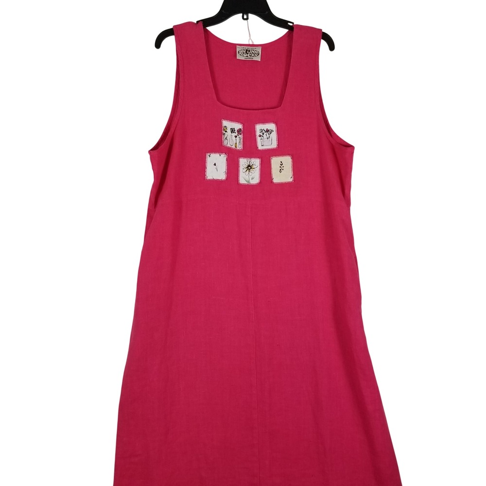 VTG On The Rocks Maxi Dress Womens L Fuchsia Pink Linen‎ Floral Patch Sleeveless